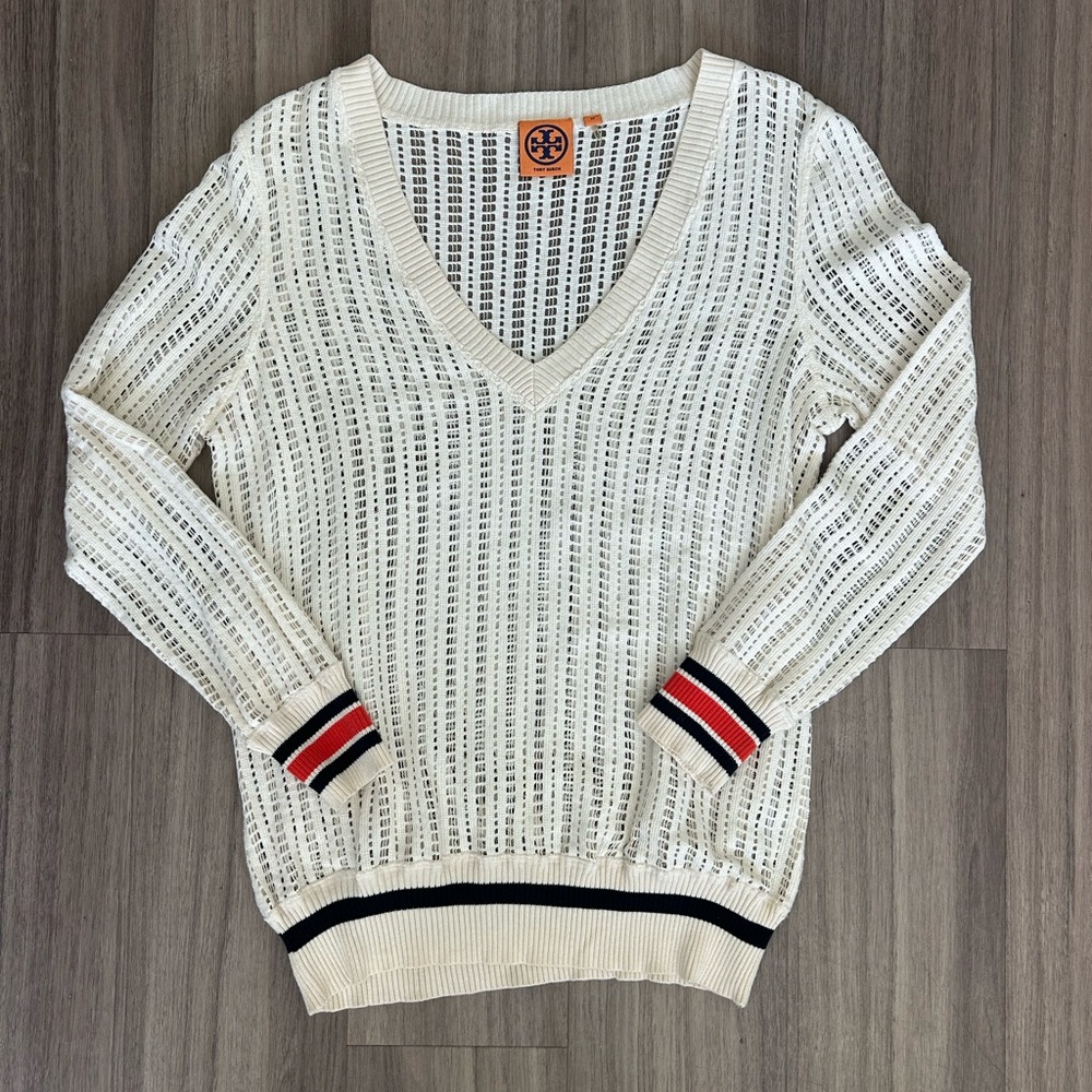 Tory Burch Cream Ozzy Cutwork V-Neck Sweater